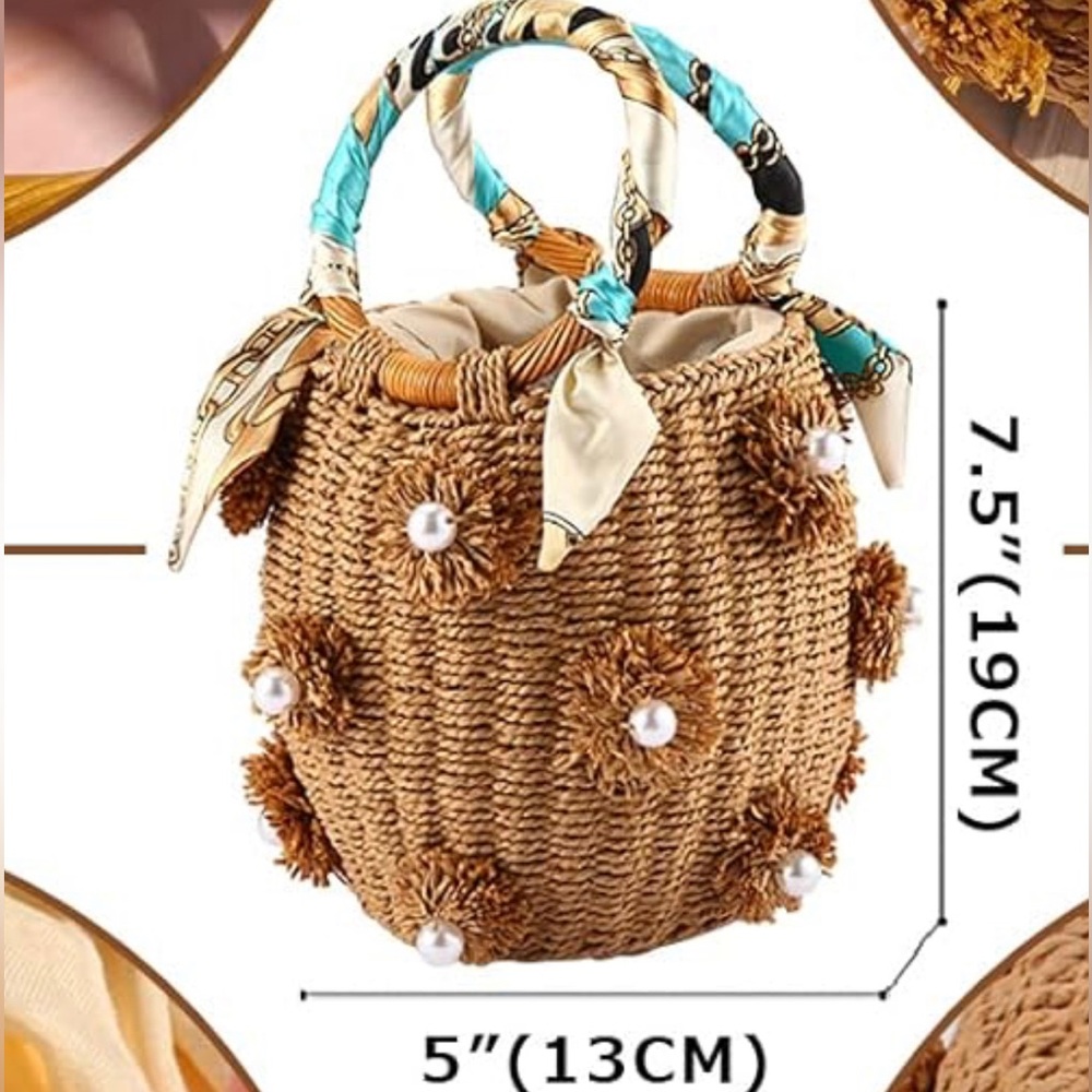 Flower Pearls Rattan Bucket Bag - Picture 2 of 5